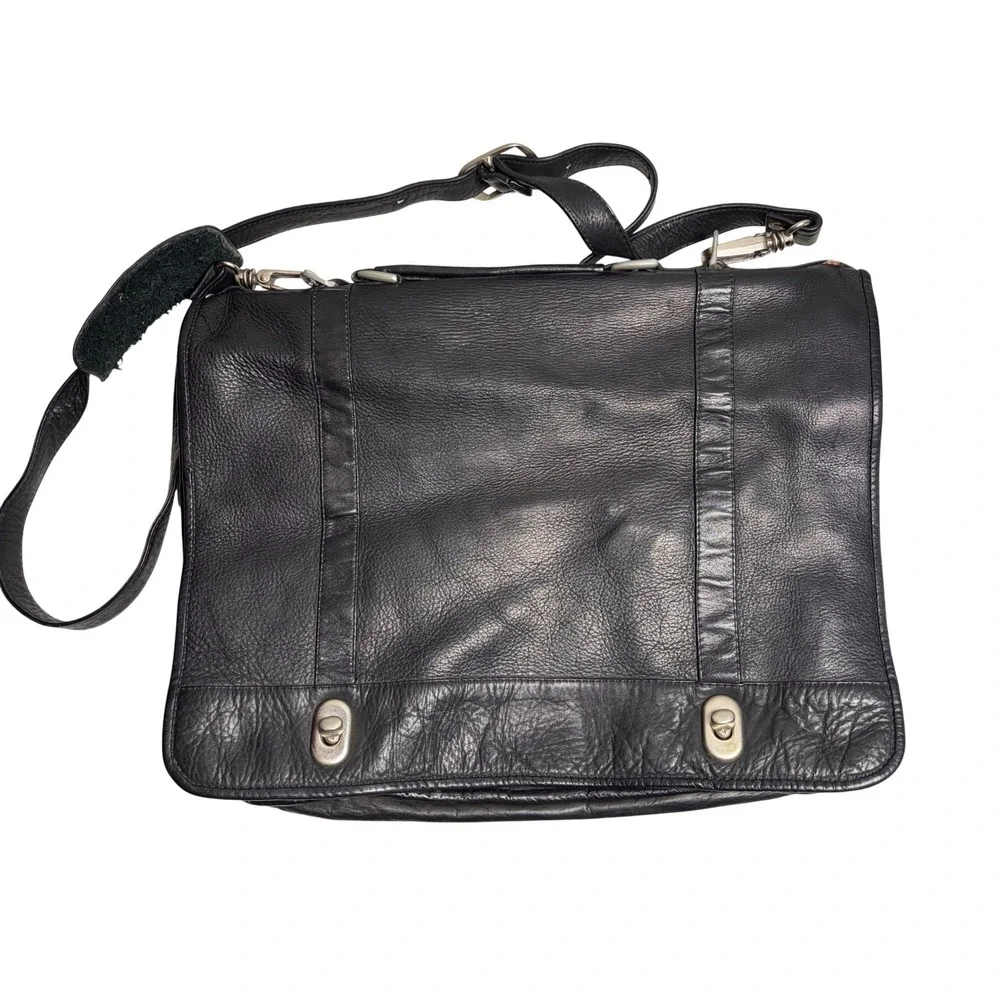Vintage 90s Black Leather Messenger Unisex Black Large Laptop‎ Bag IMPERFECTIONS